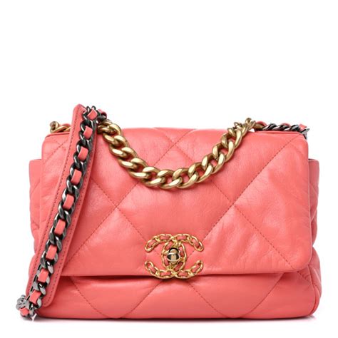 CHANEL Goatskin Quilted Medium Chanel 19 Flap Coral 